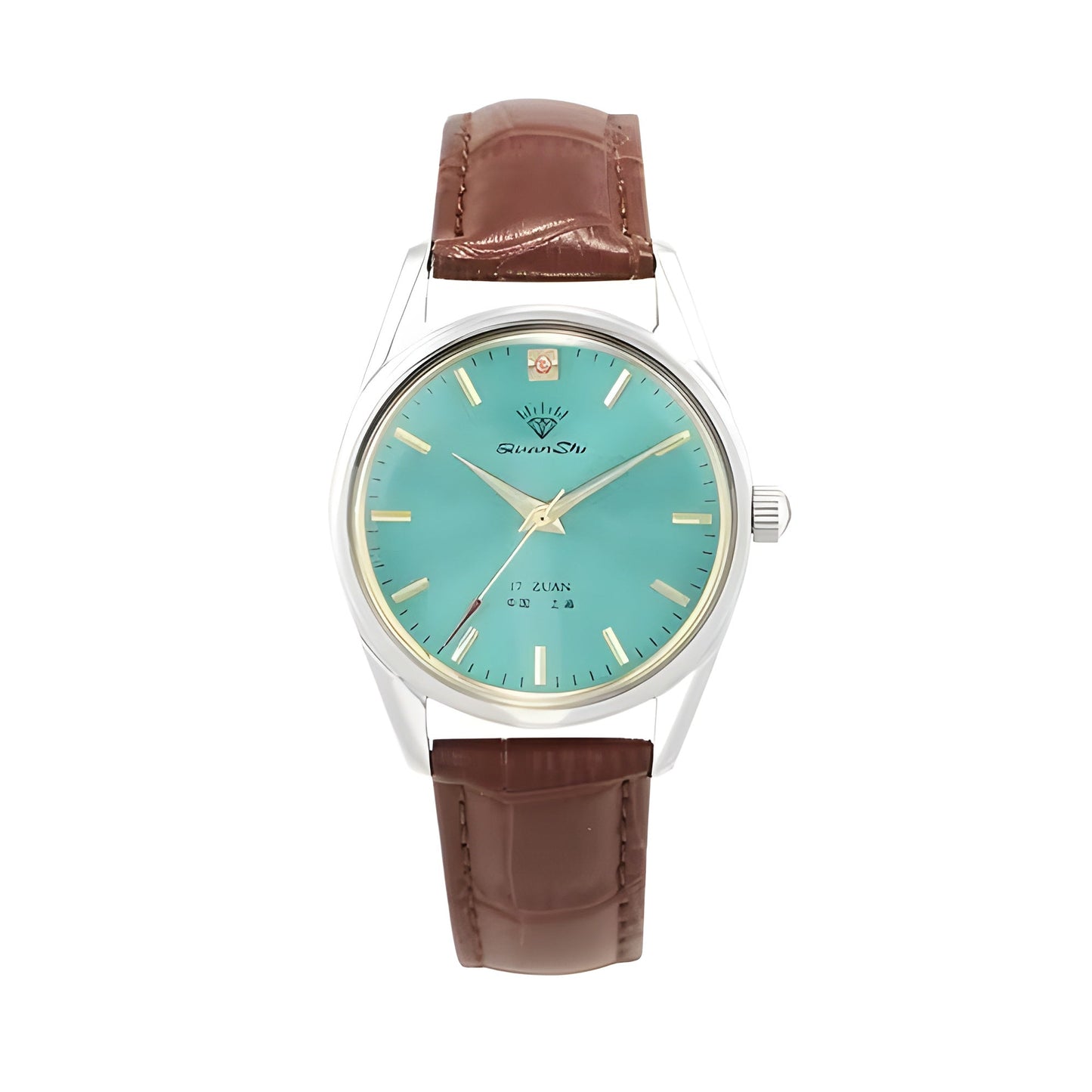 Montre Mécanique Cadran Soleil Bleu Aqua Repères Dorés En Acier Inox Poli Avec Bracelet Acier Ou Cuir