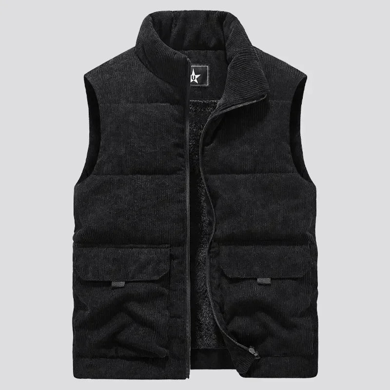 Gilet Velours Côtelé à Côtes Doublé Sherpa Confort Chaud Col Debout Poches Cargo Couleur Unie