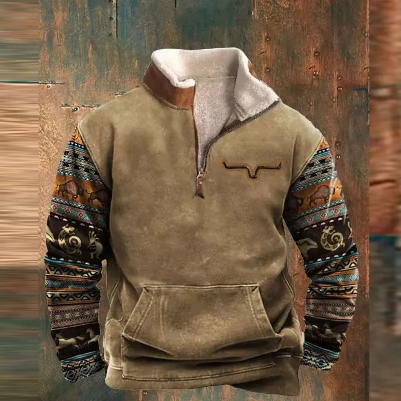 Veste à Capuche Rétro Imprimée 3D pour Hommes avec Col en Cuir et Fermeture Éclair pour Temps Froids