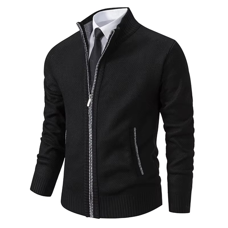 Cardigan Homme Doublé Polaire Avec Col Montant À Fermeture Éclair Chaud Pour Automne Et Hiver Décontracté