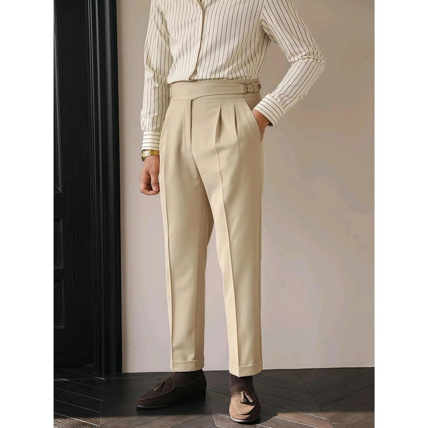 Paris Buckle Pantalon Homme Haute Taille Slim Avec Plis Style Vintage Britannique Business Casual