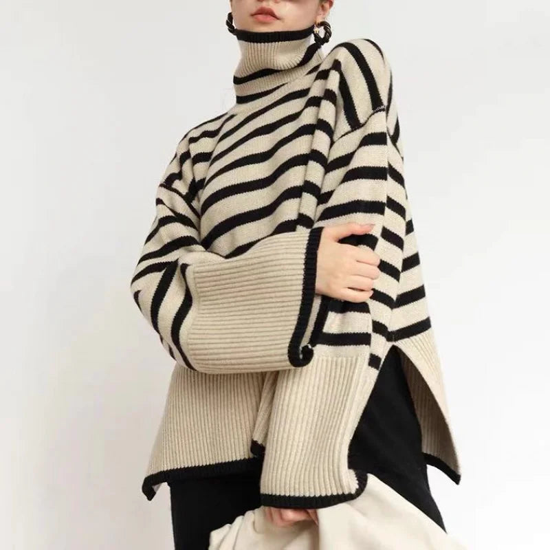 Top En Maille À Col Roulé Pour Femmes Oversize Avec Texture Côtelée Et Pullover Rayé Confortable Pour Quotidien