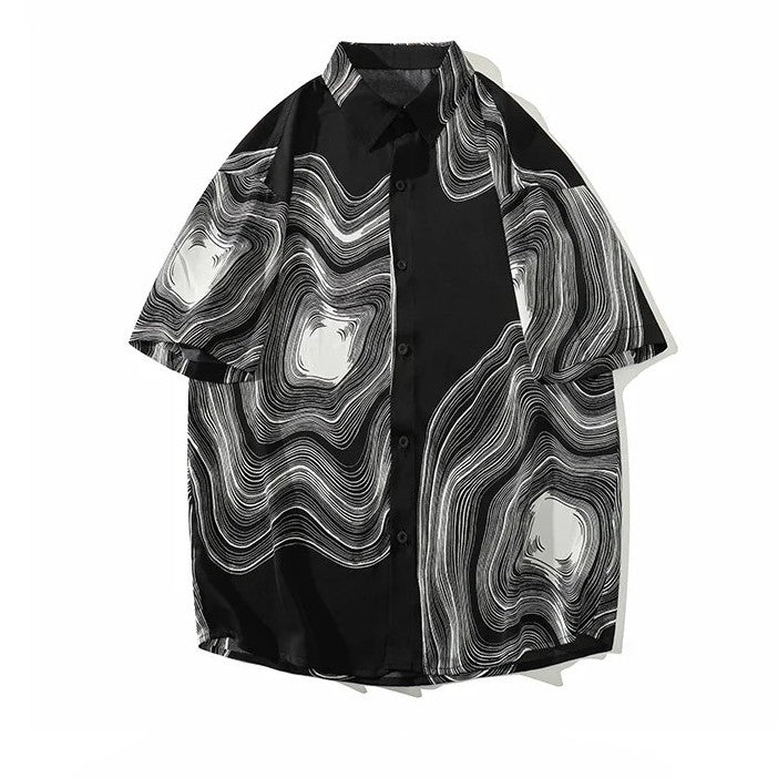 Chemise Monochrome À Imprimé Abstrait Sur Soie Glacée Léger Coupe Décontractée Respirante