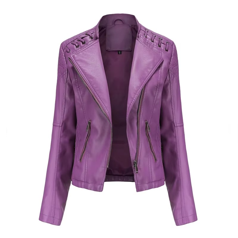 Veste Moto Femme En PU Cuir Court Slim Avec Fermeture Éclair Polyvalente 12 Couleurs