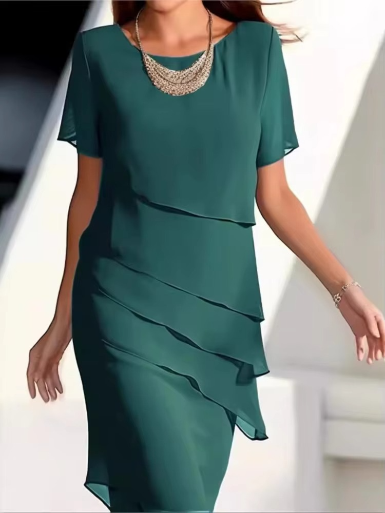 Robe D'Été Décontractée À Manches Courtes Couleur Unie Avec Bordures À Volants Pour Femmes