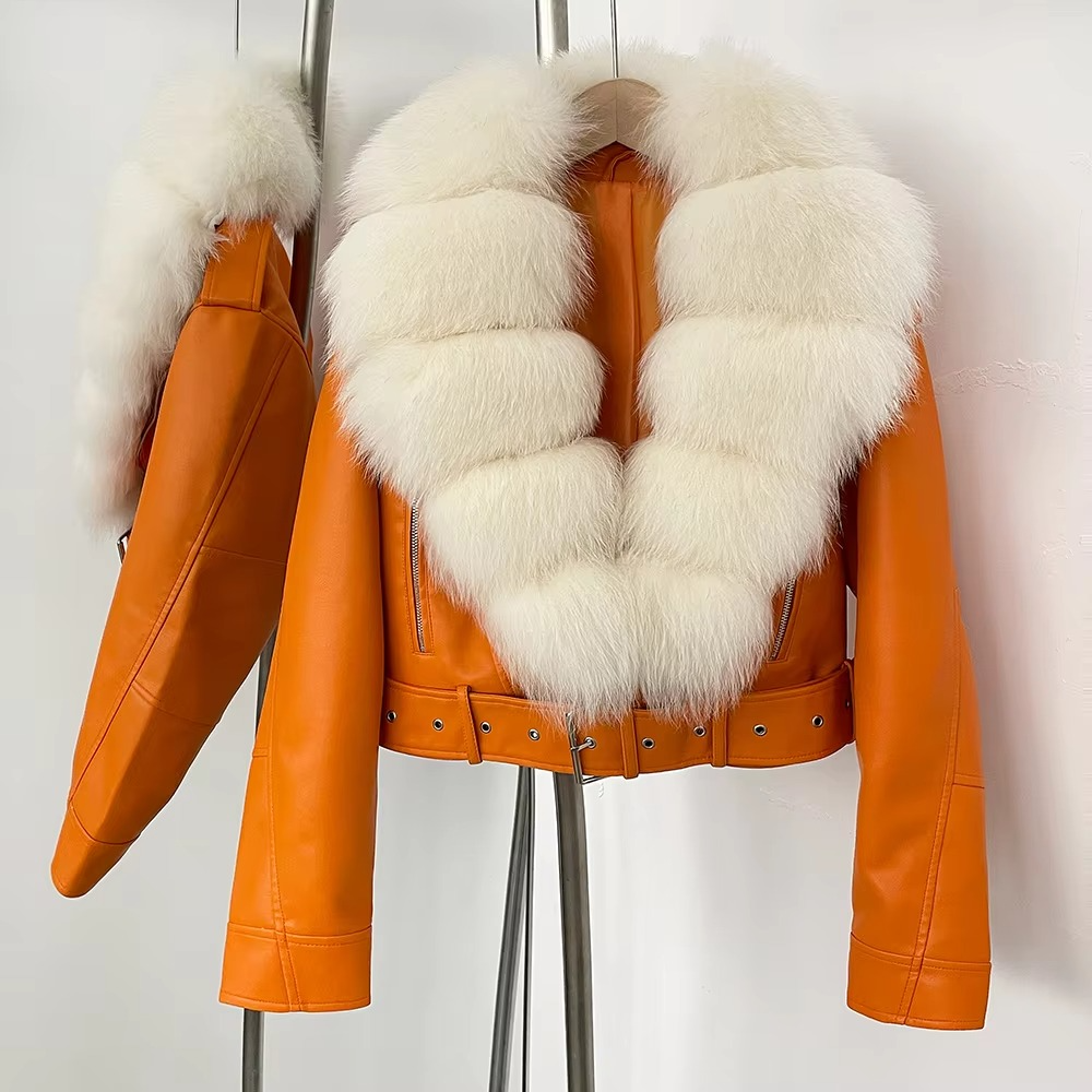 Manteau Femme en Cuir Synthétique avec Col en Fourrure Fausse Élégante Chaleur pour la Saison Froide