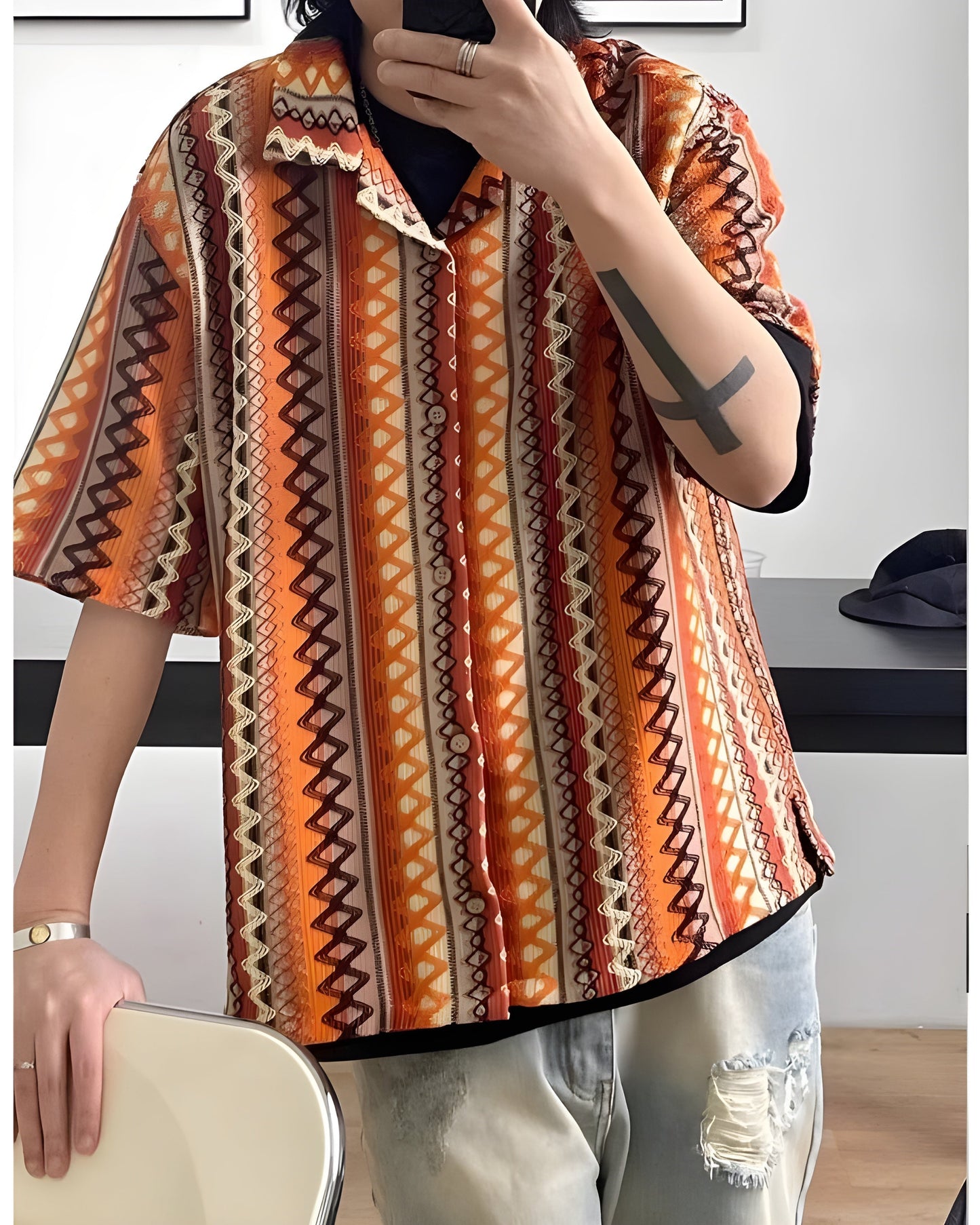 Surchemise Tricotee Oversize Ventilee Unisexe Motifs Zigzags et Diamants Couleurs Vives