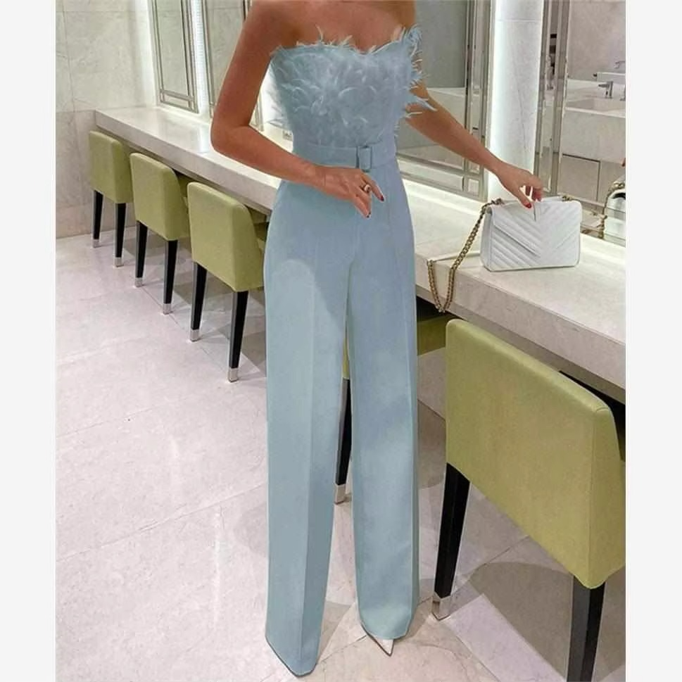 Combinaison Sexy en Plumes à Épaules Dénudées Taille Cintrée et Jambes Larges Ornée de Diamants