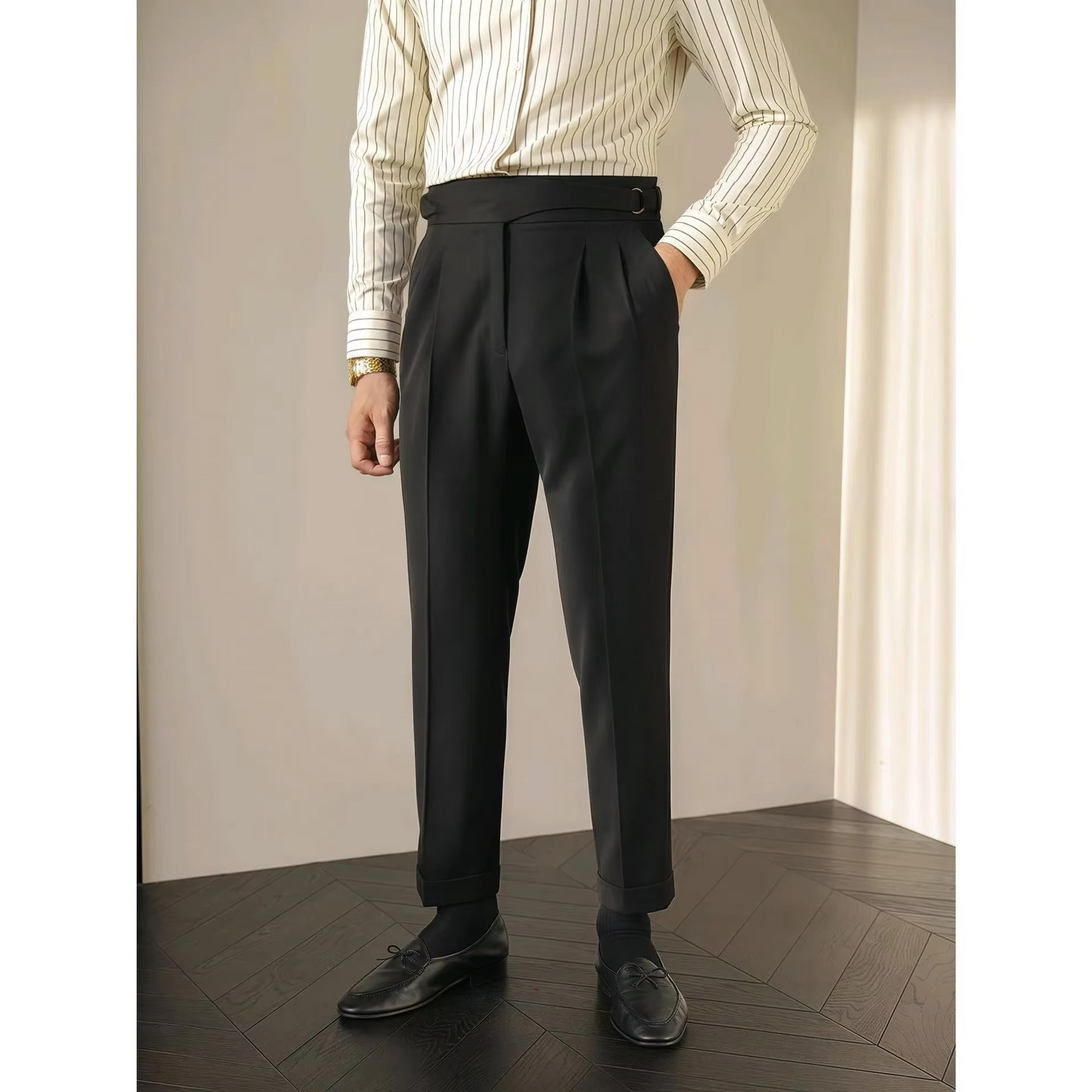 Paris Buckle Pantalon Homme Haute Taille Slim Avec Plis Style Vintage Britannique Business Casual