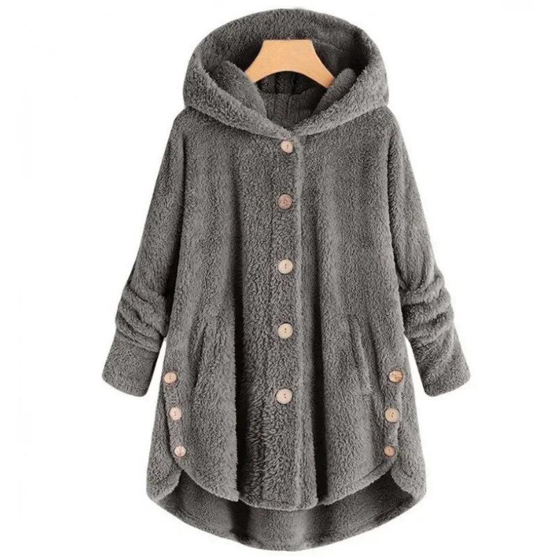 Veste Polaire Pour Femmes Coupe Décontractée Capuche Devant Boutons Texture Peluche Poches