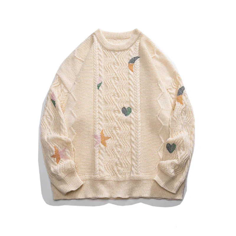 Pull Homme En Maille Lourde Avec Broderie Astral Projection Col Rond Et Coupe Décontractée Amawinc