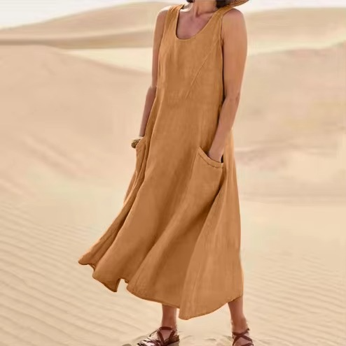 Robe Maxi Sans Manches En Coton Lin Avec Poches Pour La Plage, Coupe Décontractée, Tailles S À 5XL Amawinc