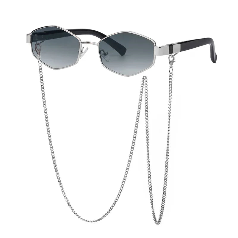Lunettes de Soleil Vianò Hexagonales en Métal Léger avec Chaîne Dorée et Protection UV400