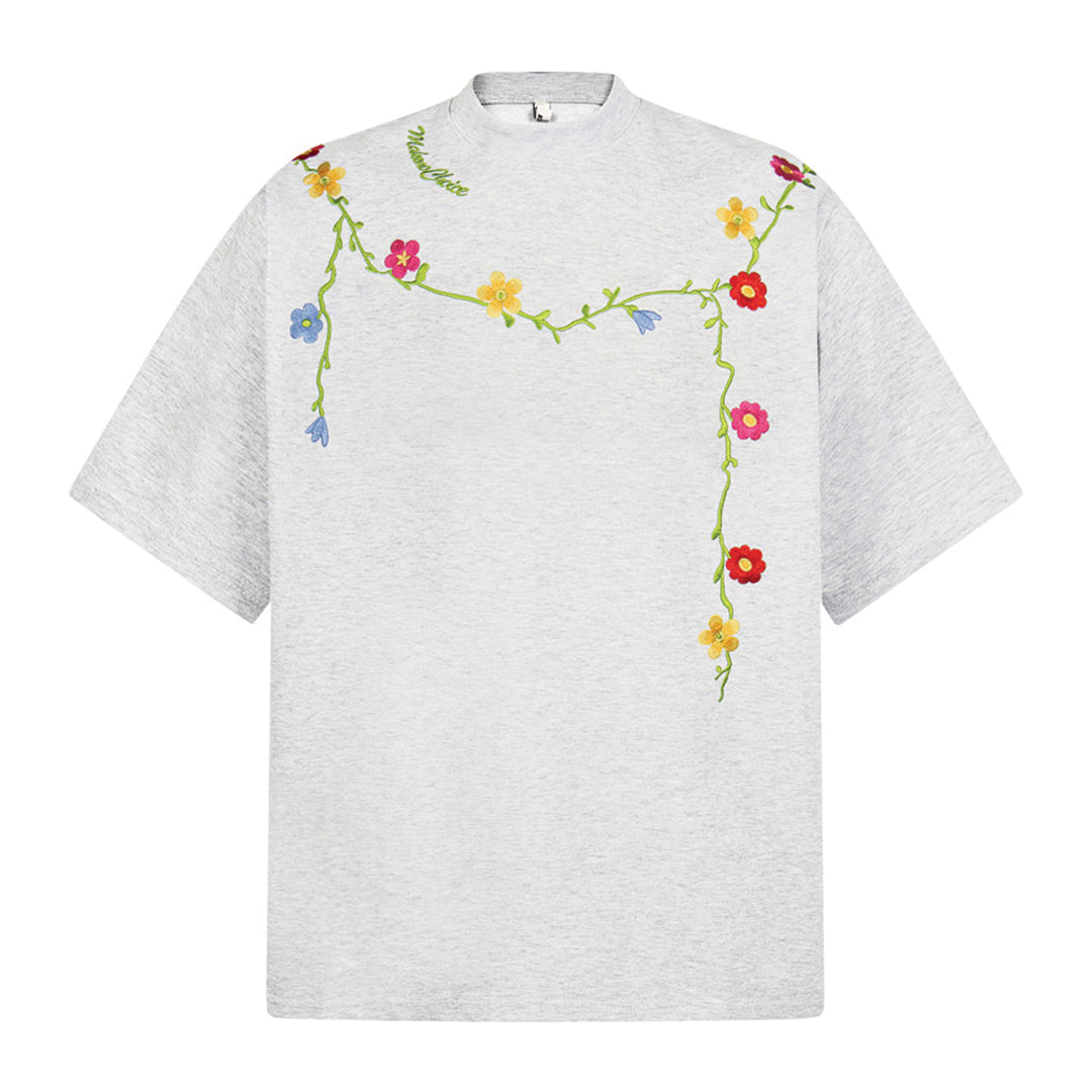 T Shirt Vigne Tissée Broderie Audacieuse en Coton Doux Style Décontracté et Élégant Col Rond Large Coupe Ample