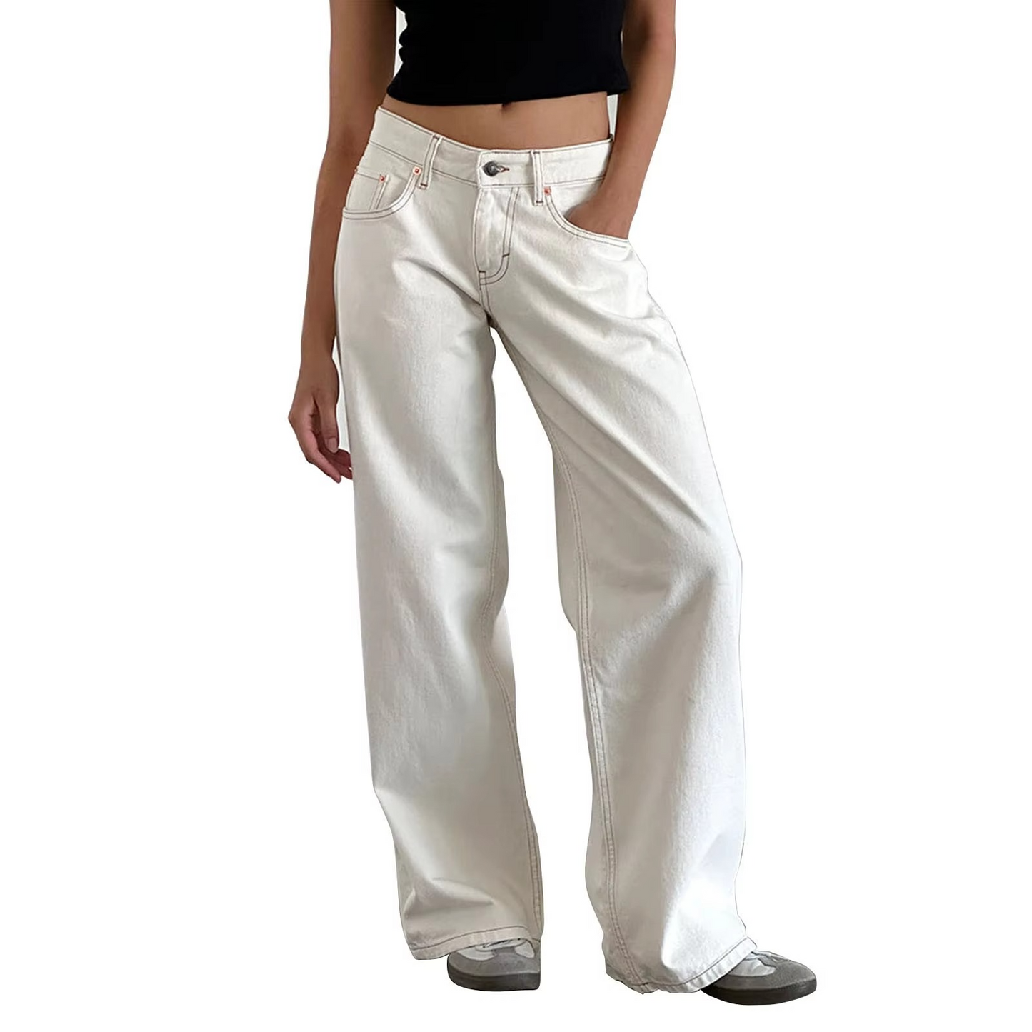 Jean Femme À Taille Moyenne Coupe Droite Vintage Lavé Pour Femmes Confort Durable Et Style Quotidien