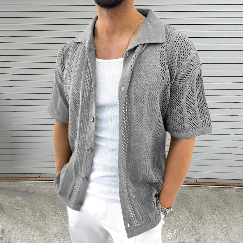Hampton Chemise Tricotée Ajourée Vintage Respirante En Mélange De Coton Avec Fermeture Par Boutons Avant