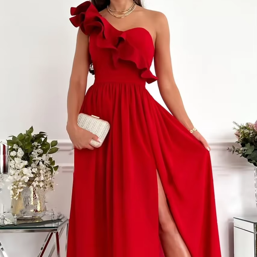 Robe Maxi À Une Épaule Avec Bordure À Volants Et Fente Latérale Élégante Pour Événements Amawinc