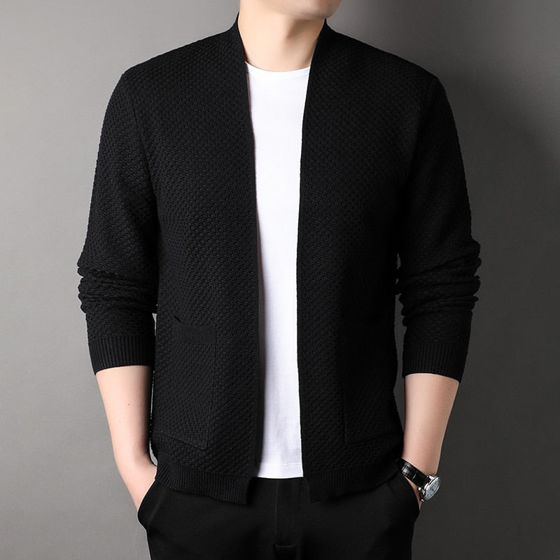 Cardigan Tricoté Homme Slim Fit Avec Poches Par Amawinc Tricot Texturé Léger Beige