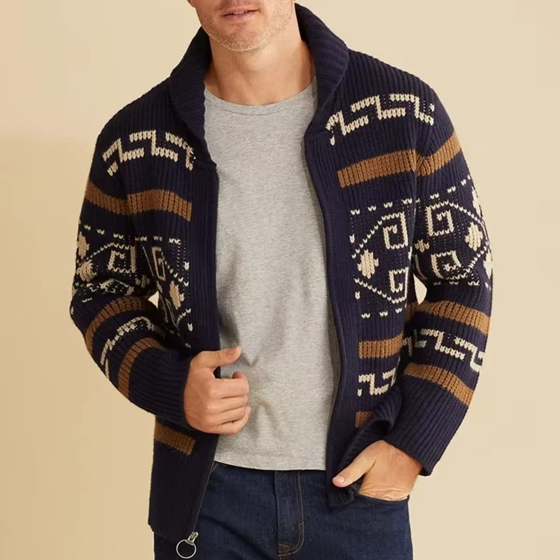 Amawinc Cardigan Tricot Jacquard Homme Col Châle Zip Vintage Chaleur Hivernale Pour Porter Au Quotidien
