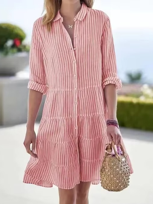 Robe Chemise Oversize Rayée Printanière Pour Femmes Avec Col Revers Et Manches Longues