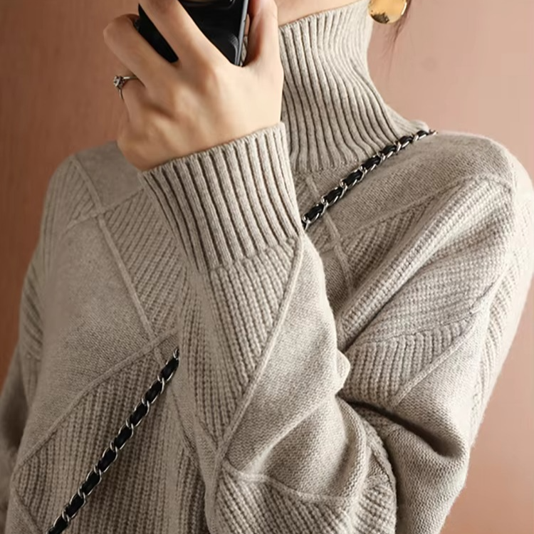 Pull En Maille Oversize Col Roulé Femme Manche Longue Uni Chaud Et Confortable Pour Automne Hiver
