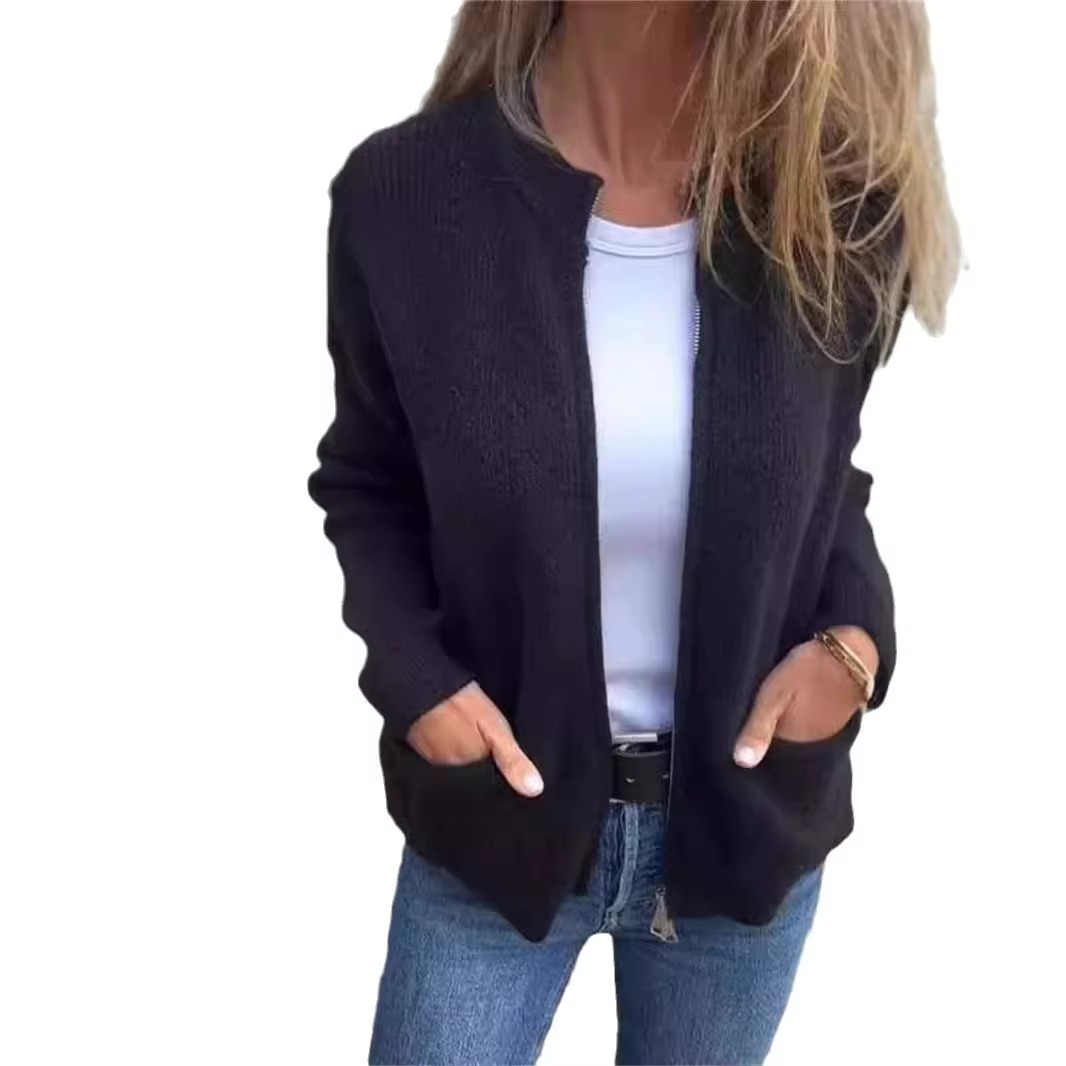 Veste Tricotée à Col Montant et Fermeture Éclair pour Femme, Confort et Style Quotidien
