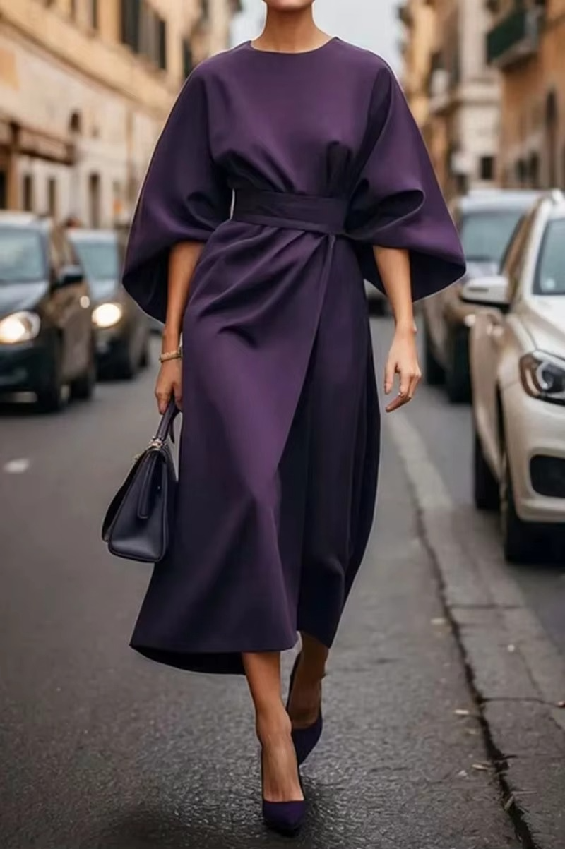 Robe Élégante Couleur Unie À Manches Chauve Souris Avec Taille Cintrée Du Bureau Au Dîner Amawinc