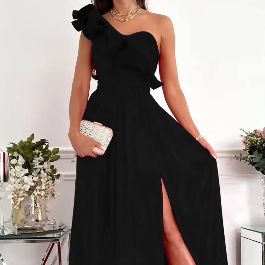 Robe Maxi À Une Épaule Avec Bordure À Volants Et Fente Latérale Élégante Pour Événements Amawinc