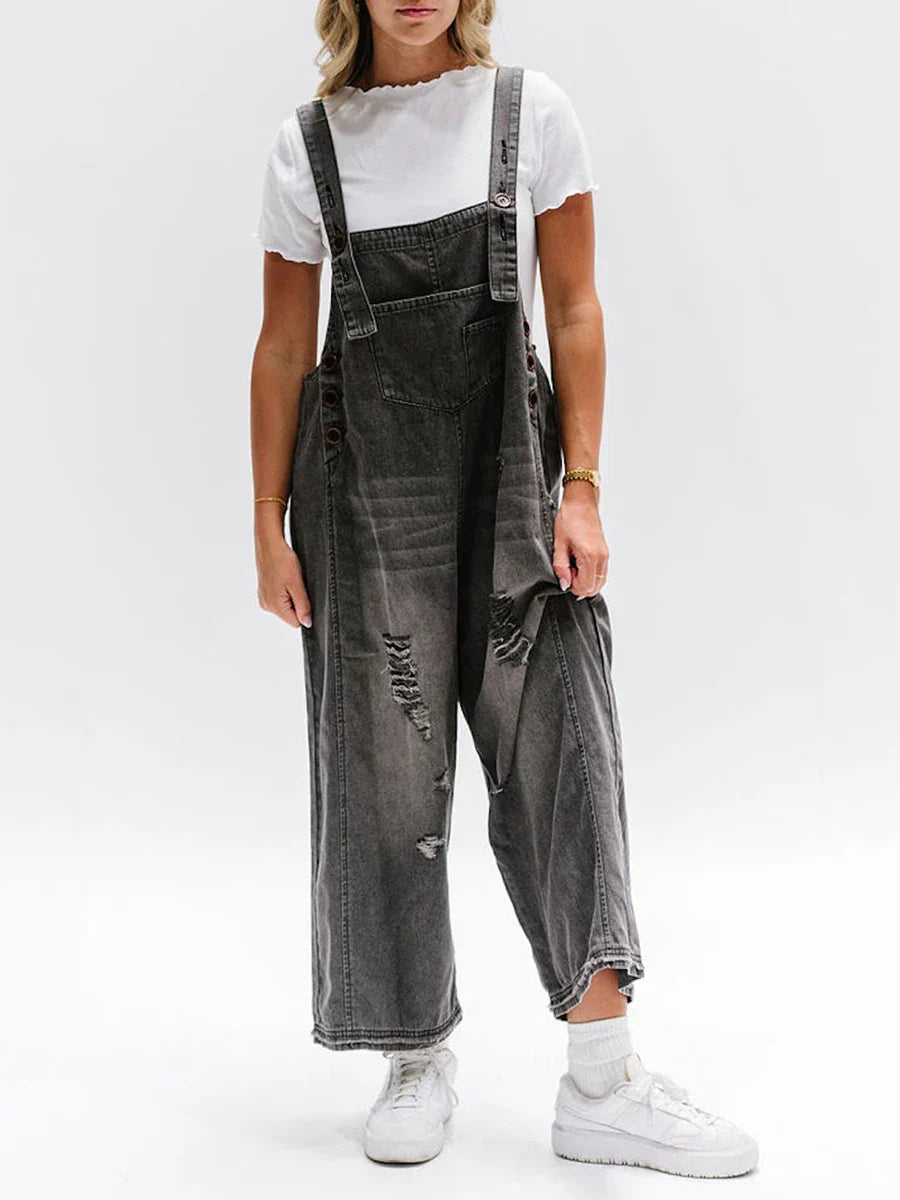 Salopette Denim Délavé Hazel Avec Bretelles Ajustables Et Poches Fonctionnelles À Jambes Larges