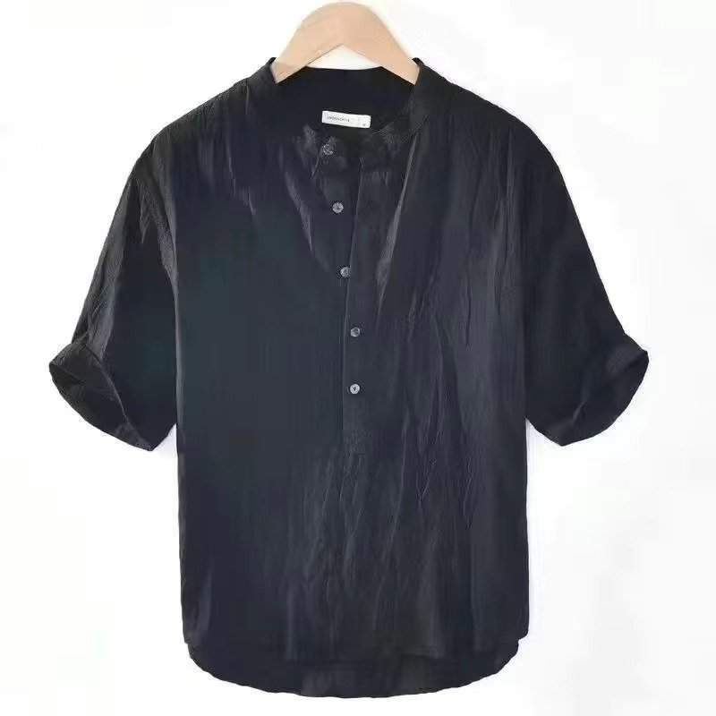 Chemise Homme En Coton Lin Manches Courtes Couleur Unie Décontractée Été Plage Respirante et Légère