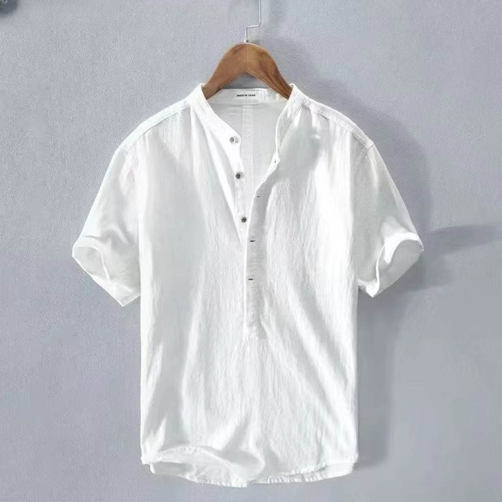 Chemise Homme En Coton Lin Manches Courtes Couleur Unie Décontractée Été Plage Respirante et Légère