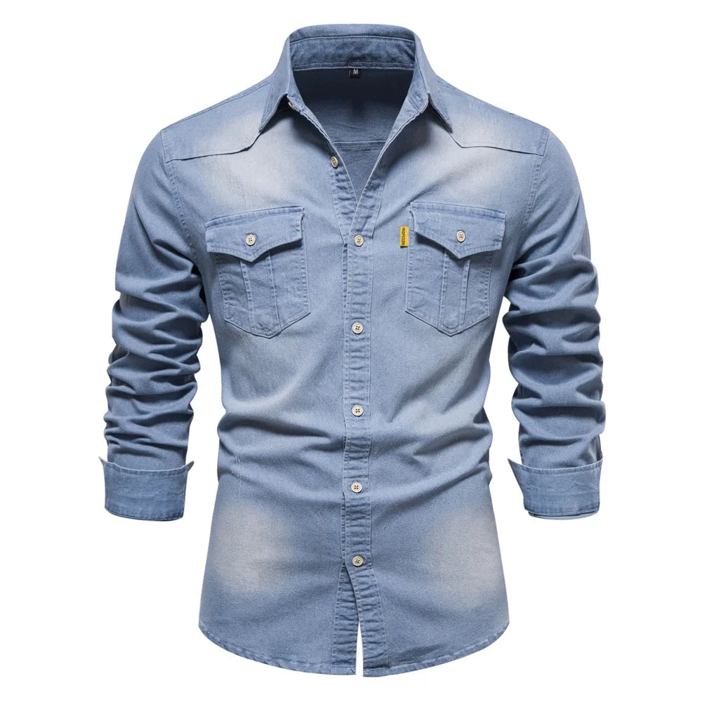 Amawinc Henry Chemise Homme en Denim Boutons Devant Style Décontracté Polyvalente Confort Durable Tailles S à 5XL