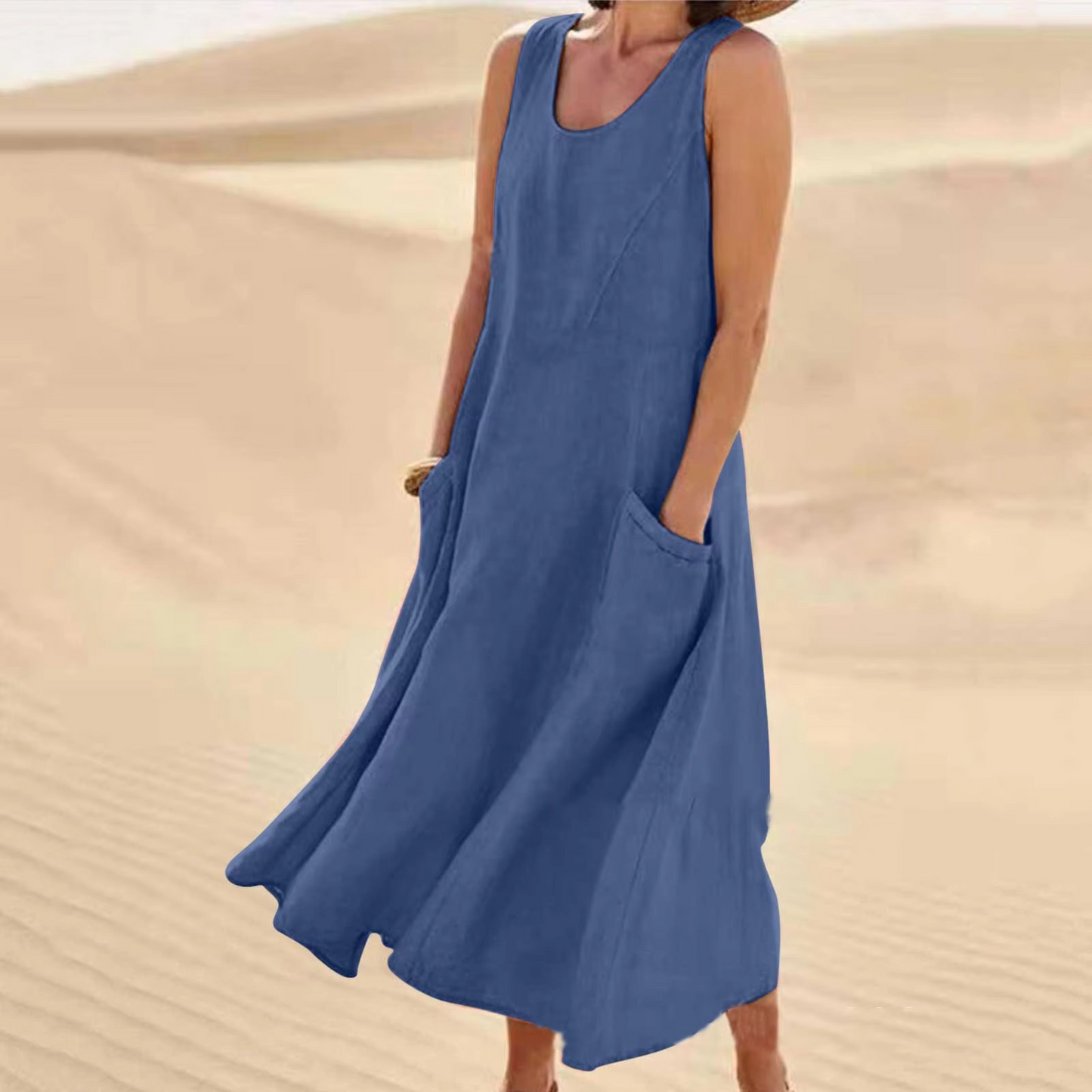 Robe Maxi Sans Manches En Coton Lin Avec Poches Pour La Plage, Coupe Décontractée, Tailles S À 5XL Amawinc