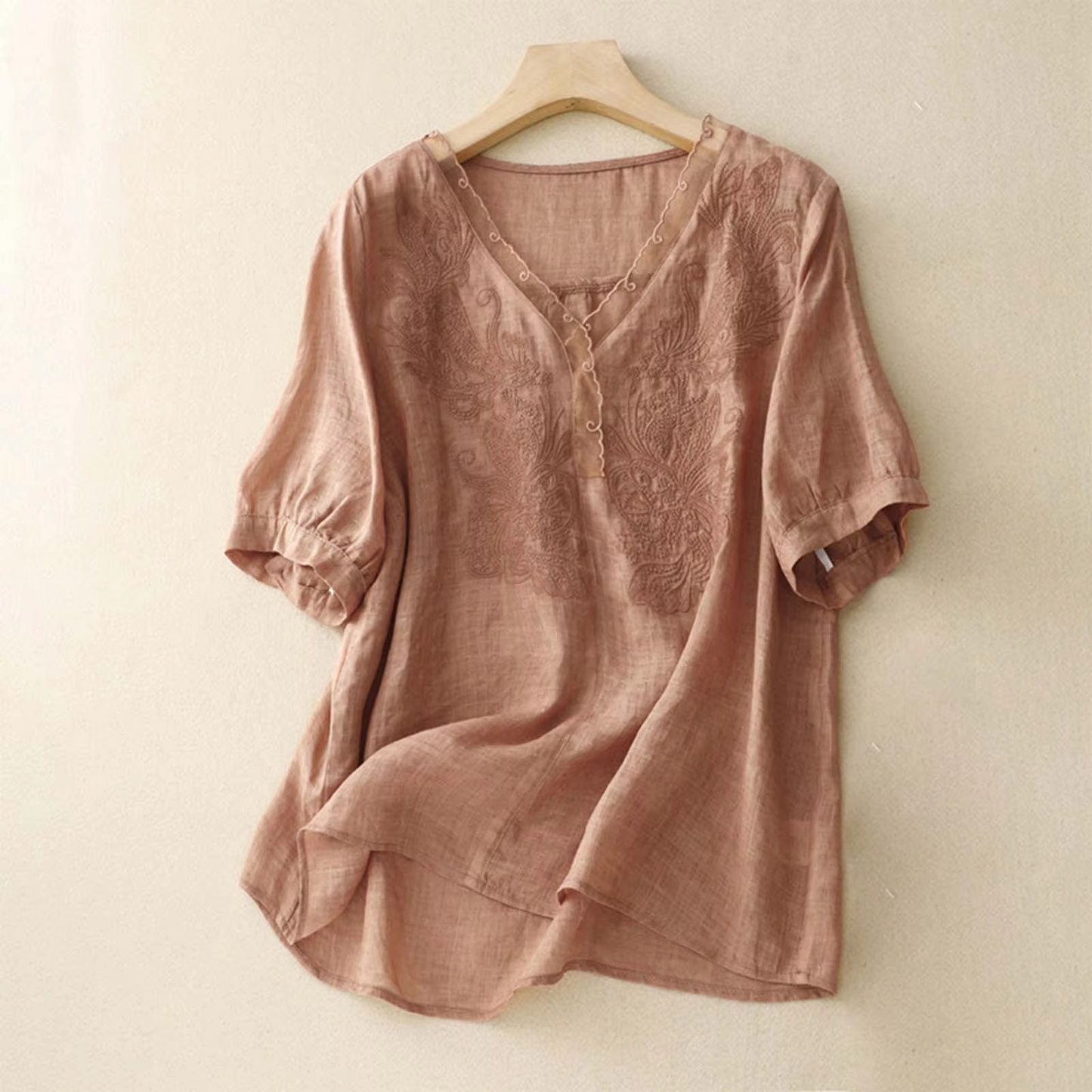 Blouse Vintage En Coton Lin Encolure V Manches Courtes Pour Femme Confortable Et Respirante Été