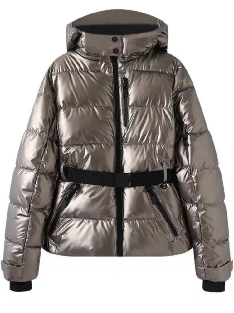 Manteau Puffer Matelassé Femme Hiver Avec Ceinture Coupe Ajustée Finition Métallique