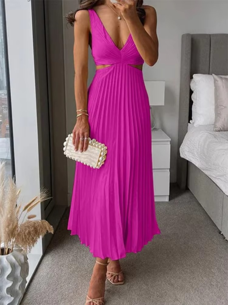 Robe Maxi Sans Manches Élégante Été Décolleté Profond En V Plissé Taille Haute Confortable