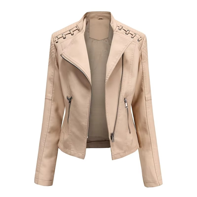 Veste Moto Femme En PU Cuir Court Slim Avec Fermeture Éclair Polyvalente 12 Couleurs