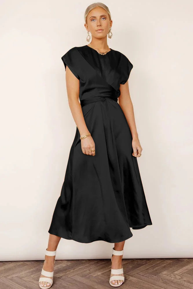 Robe Midi Femme Satinée Décolleté en V Cache Coeur Élégante Ligne A Chic Pour Journées Et Soirées