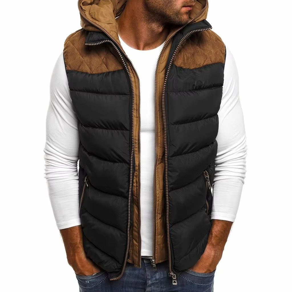 Veste Sans Manches Matelassée D'Hiver À Capuche Pour Homme Avec Broderie Et Fermeture Éclair Chaude