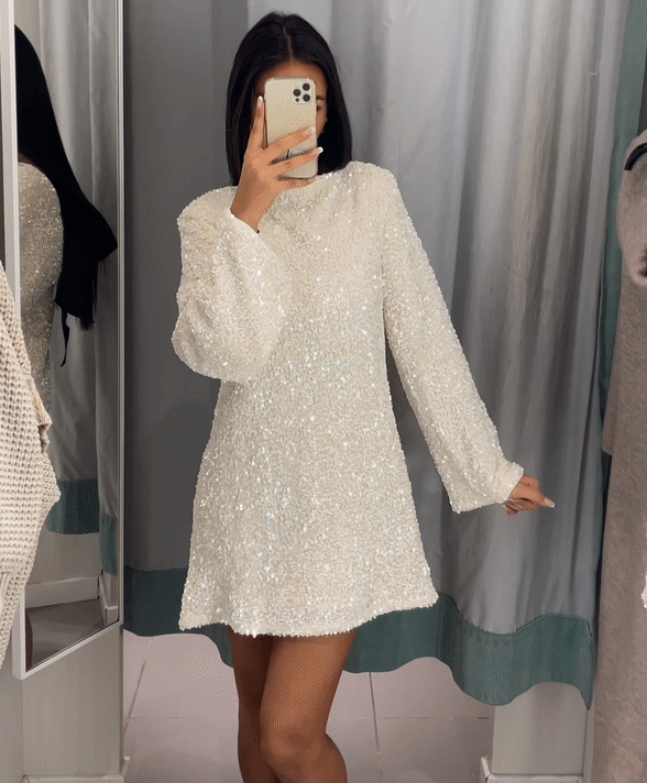 Robe Mini Amawinc Sequins Dos Ouvert Avec Nœud Manche Longue Pour Fête Élégante Et Soirées Inoubliables