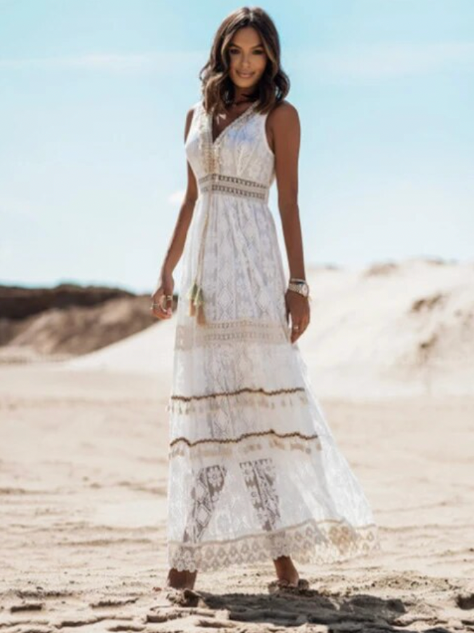 Boho Maxikleid mit V-Ausschnitt und Schnürung für Damen
