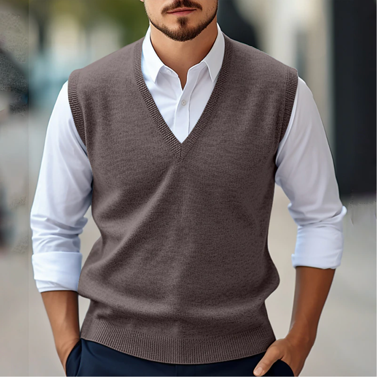 Pull Sans Manches Homme En Maille Fine Coupe Classique Col V Bords Côtelés Incontournable Pour Garde Robe