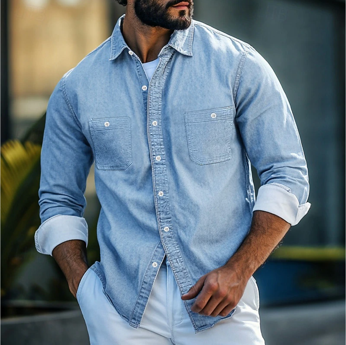 Chemise Denim Homme Amawinc Coupe Regular Manches Longues Avec Poches Poitrine Marine