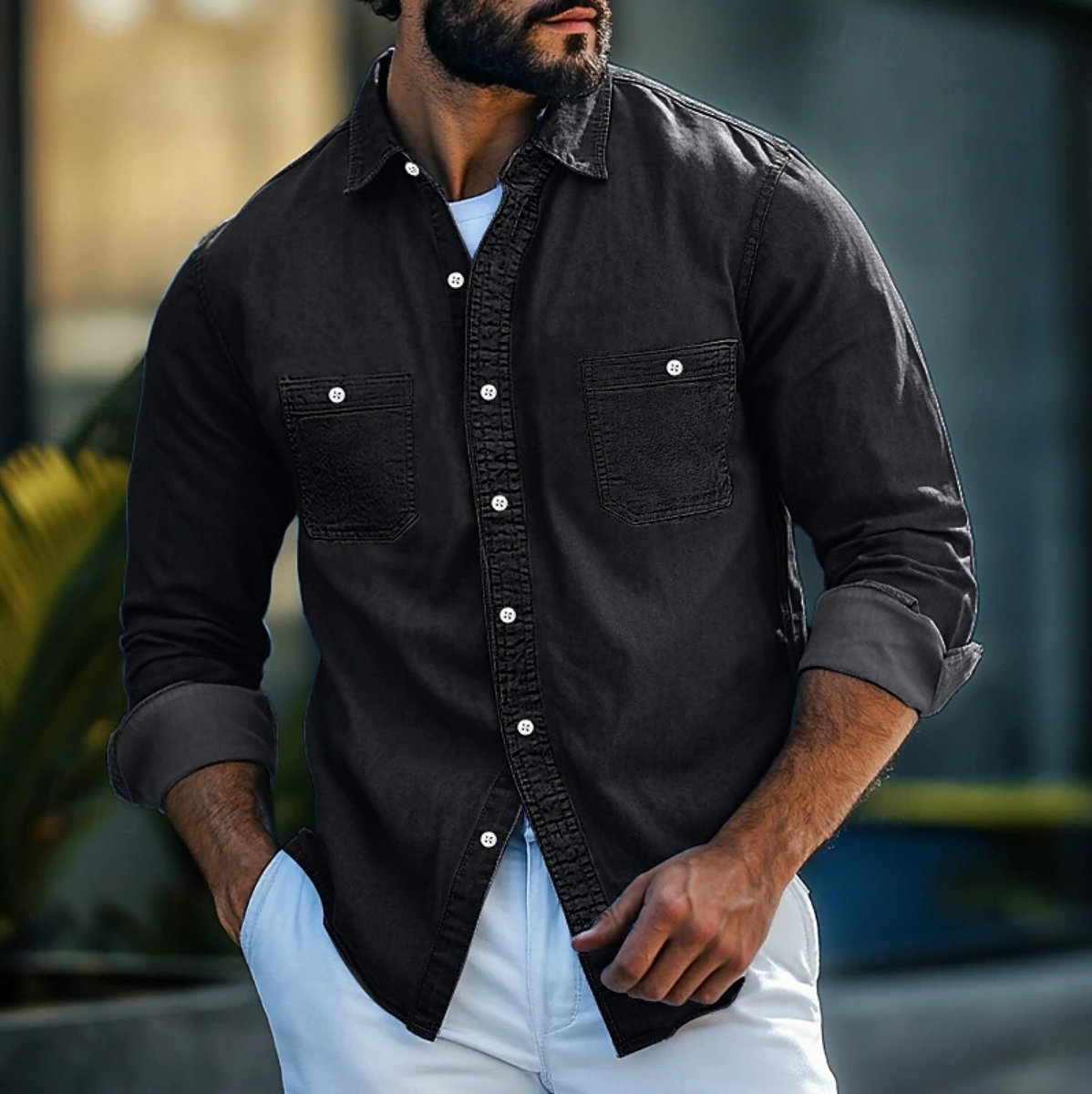 Chemise Denim Homme Amawinc Coupe Regular Manches Longues Avec Poches Poitrine Marine