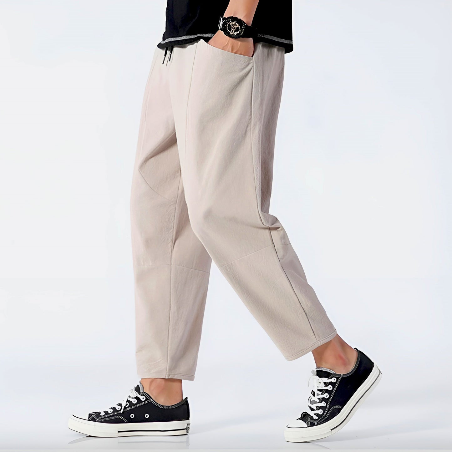 Pantalon Cropped En Coton Lin Respirant À Taille Ajustable Par Cordon Coupe Décontractée Et Moderne