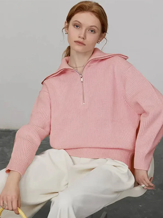 Pull Femme En Mélange De Laine Tricoté Col Zippé Haut Décontracté Bord Côtelé Pour Tenue Quotidienne Confort