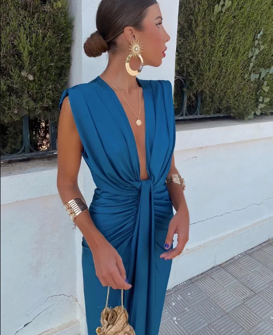 Robe De Soirée Pour Femme Élégante Avec Nœud Twist Col En V Et Fente Festive Élégante Satinée