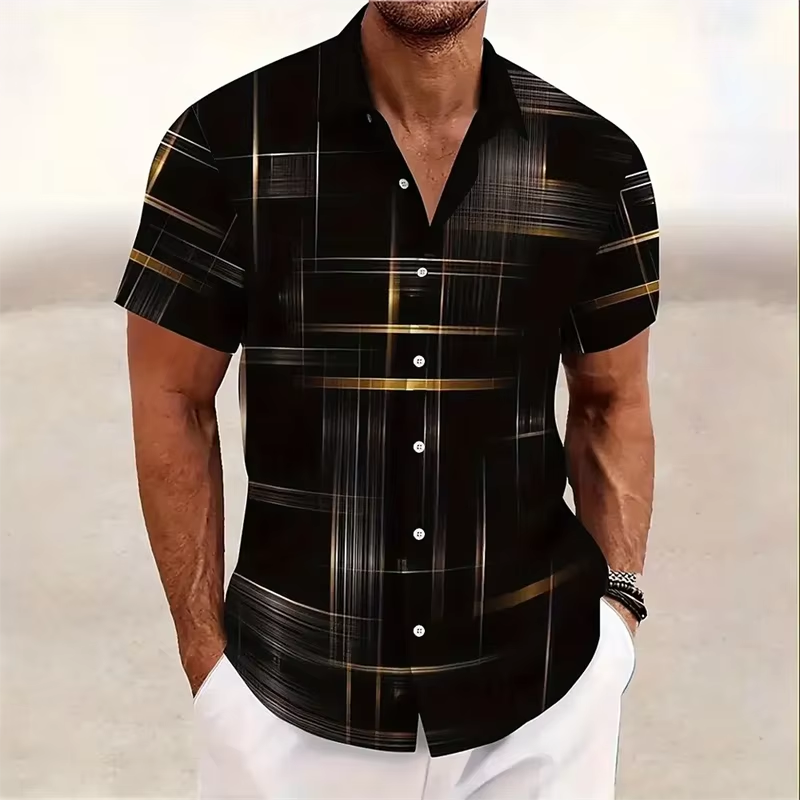 Chemise Homme Manches Courtes À Carreaux Géométriques 3D Boutonnée Pour Style Décontracté Moderne Amawinc