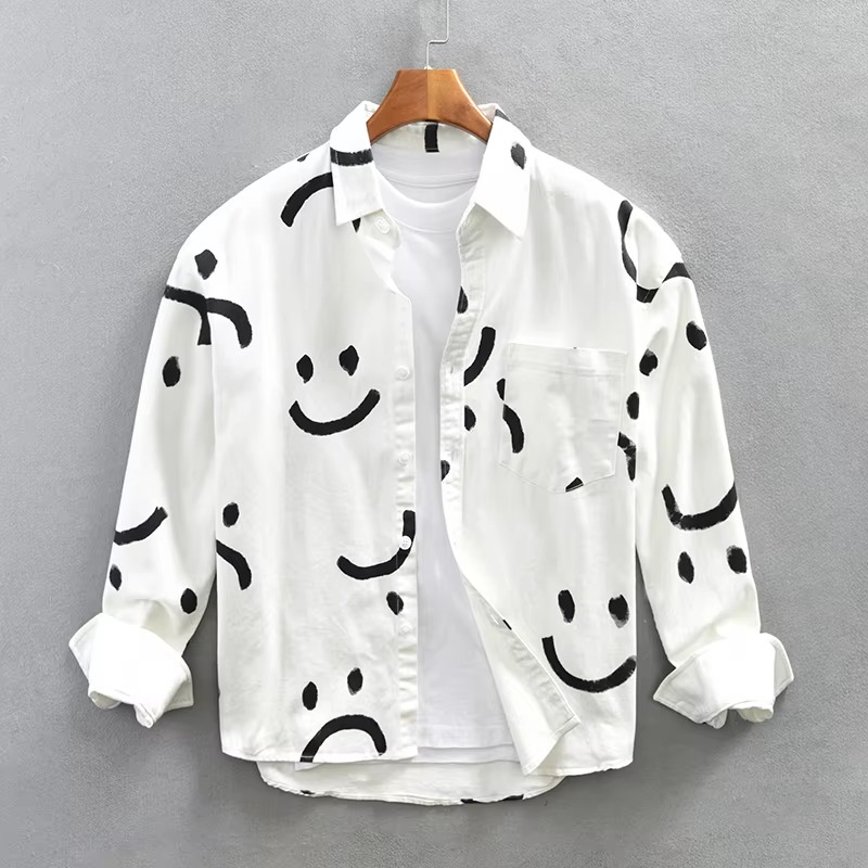 Chemise Overshirt Pour Homme Manches Longues en Coton 100 Pour Cent Épais Pour le Travail Motif Sourire Graphique
