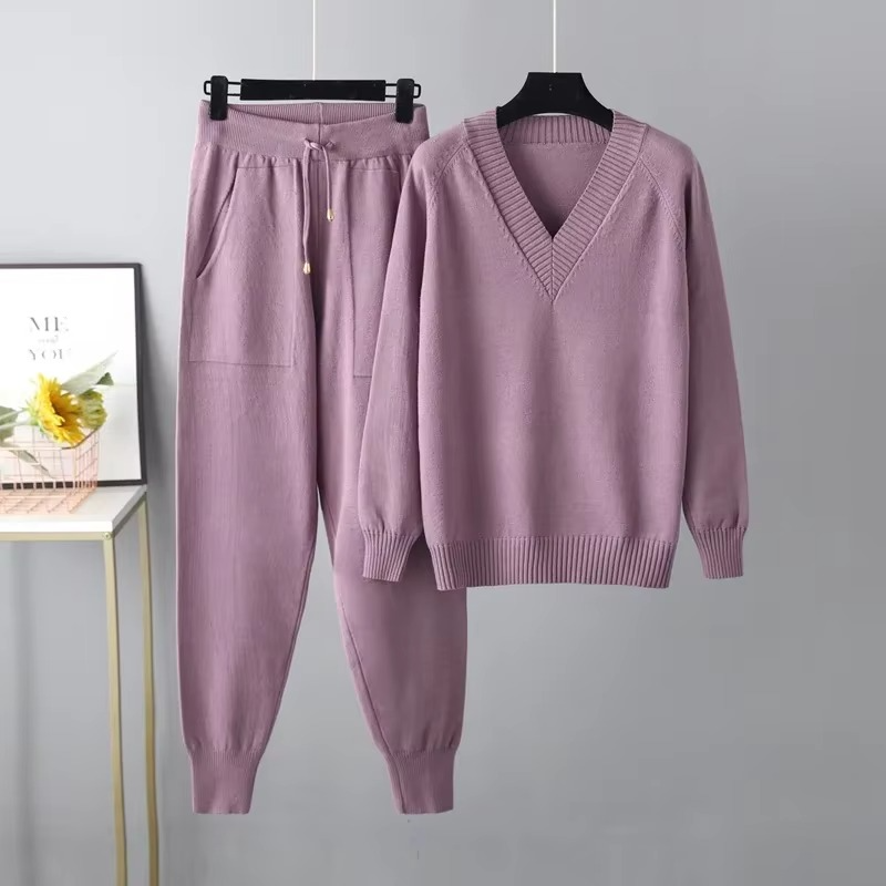Ensemble Deux Pièces Femme Pull Col V Maille Automne Hiver 2024 Pantalon Inclus Pour Femme Moderne